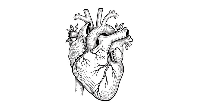 Detailed anatomical heart with coronary vessels isolated on a transparent background, detailed medical heart anatomy
