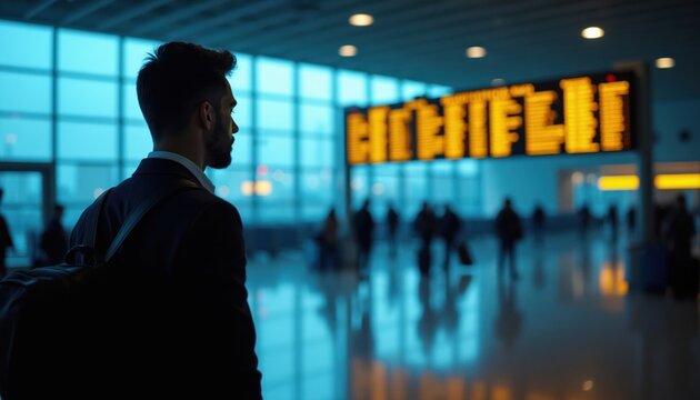 Man in suit checks flight times at airport departure board. He waits for his plane with luggage. People move around the terminal. Business travel awaits.
