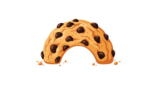 Half moon shaped chocolate chip cookie with many dark chocolate chunks and small crumbs isolated on a white backdrop.