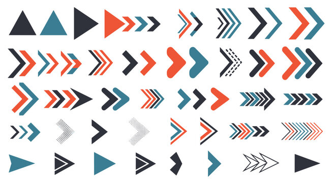 Comprehensive collection of various arrow icons and graphic elements in different styles colors and shapes for navigation design.