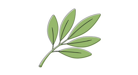 Fototapeta premium Simple green leaf branch with several oval shaped leaves in a minimalist hand drawn style against a white background area.