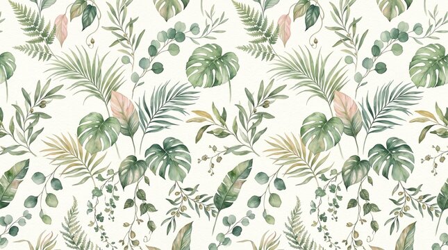 Tropical leaf pattern with green and pink leaves on white background
