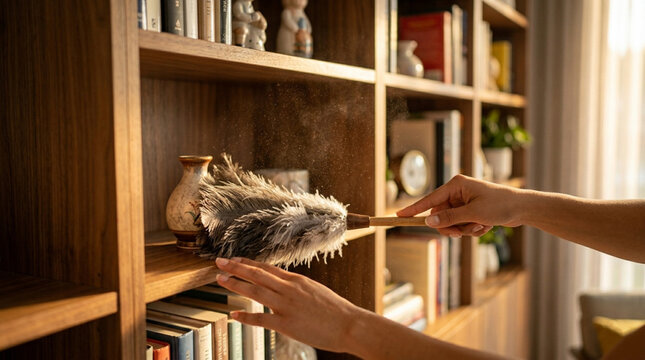 AI-generated dusting process with fluffy feather duster (pipidastr) on furniture surfaces