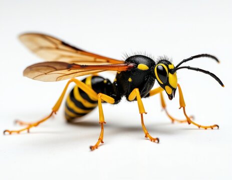 Macro photo of black and yellow mud dauber wasp. Insect body segments have bright yellow stripes. Creature has long antennae and transparent wings. Sharp focus on arthropod.
