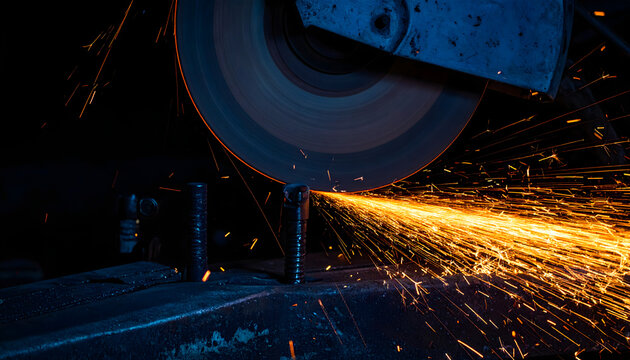 A worker operates an angle grinder cutting metal in a workshop producing sparks.