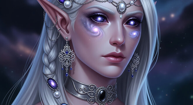 Ethereal moon elf portrait with silver hair, mystical fantasy female character with glowing purple eyes, celestial goddess with ornate jewelry