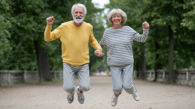 Healthy Aging Senior Couple Fitness Jumping Jacks Park