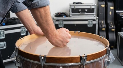 Obraz premium Musician pressing a clenched fist into the clear skin of a new wooden drum in a music studio