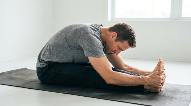 Individual in grey tshirt and black leggings performing hamstring stretch calmly