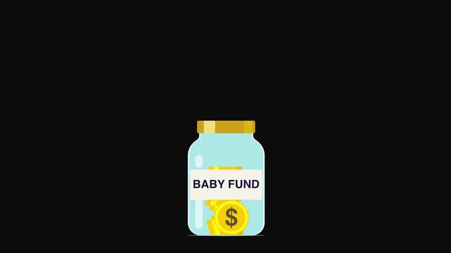 Baby Fund Savings Jar Animation with Coins on Dark Background
