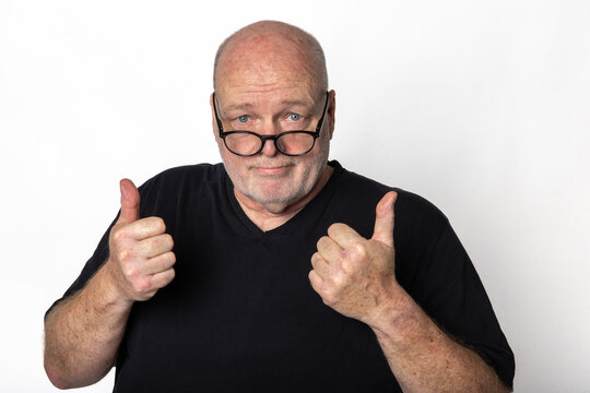 Senior Man with Glasses Showing Two Thumbs Up Isolated on White Background