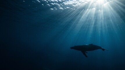 Obraz premium Silhouette of a humpback whale swimming in deep blue ocean water with sun rays shining through the surface