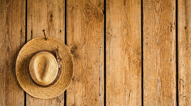 Straw cowboy hat hanging on a rustic wooden wall with a feather detail