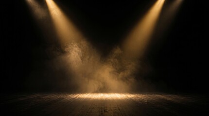 Obraz premium Stage with golden spotlights and smoke on wooden floor