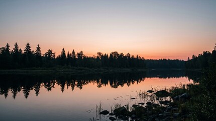 Naklejka premium Serene lake reflecting a vibrant sunset over a dense evergreen forest