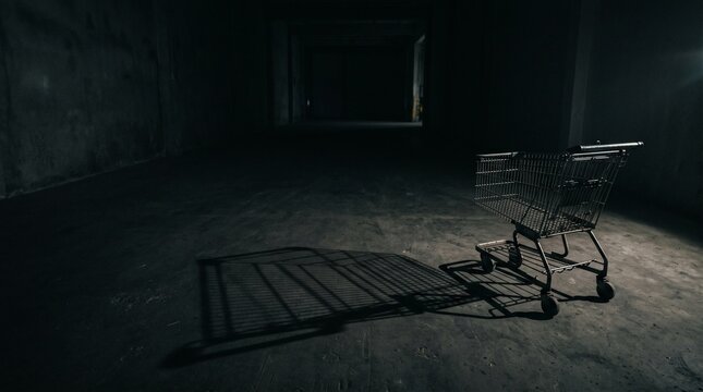 Abandoned shopping cart casting long shadow in dark empty hallway