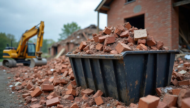 Metal dumpster overflow with brick rubble at building demolition site. Excavator machine in background. Debris removal, construction waste, home renovation, rubble cleanup.