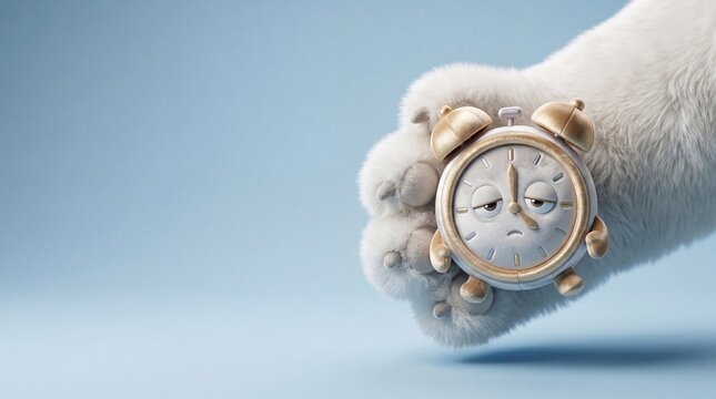 White fluffy animal paw holding a plush silver and gold alarm clock toy with a tired, sad face expression on a light blue background
