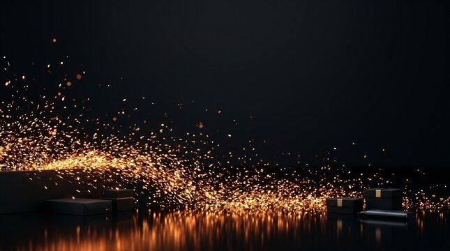 Sparkling Fire Sparks Flying Upwards Over Dark Background with Gift Boxes
