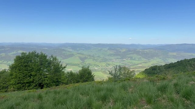 Panoramic mountain landscape with forested hills in the Carpathian Mountains