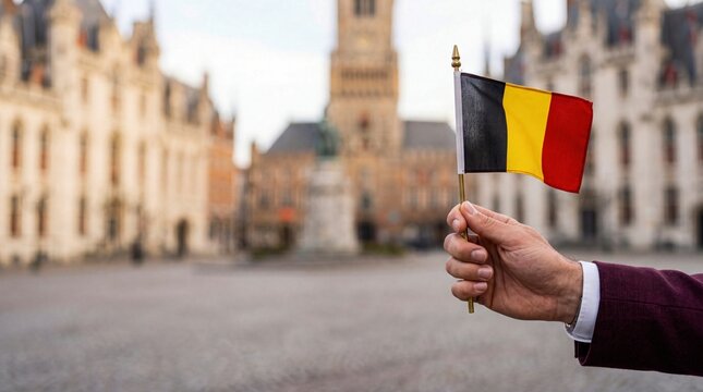 Hand holding small flag of Belgium on blurred background of Bruges city square