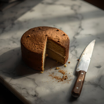 Layered chocolate and nut cake with a missing slice on a marble surface