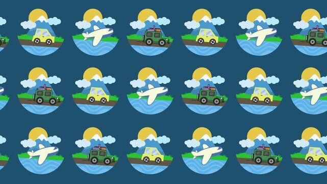 Summer vacation adventure repeating backdrop with road trip and flight pattern in background animation for tourism and outdoor exploration wallpaper. Seamless looping.
