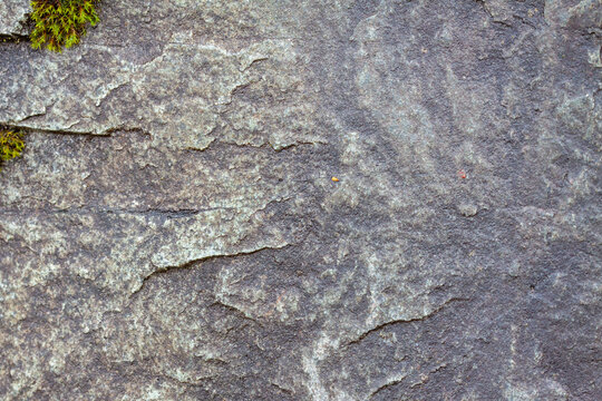 Close-up texture of a weathered grey stone surface with patches of green moss