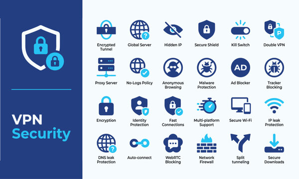 VPN security and privacy protection icons for network and internet safety, flat vector set