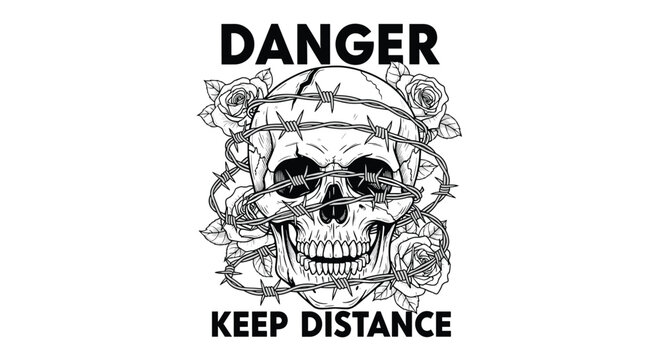 Hand drawn skull wrapped in barbed wire and roses with danger keep distance text for tattoo design or edgy graphic art illustration.
