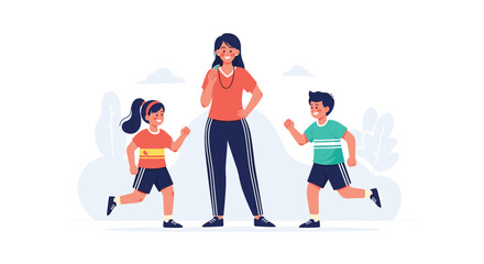 Fototapeta premium Friendly female sports coach holding a whistle while encouraging two active children to run during a gym class or outdoor track practice.