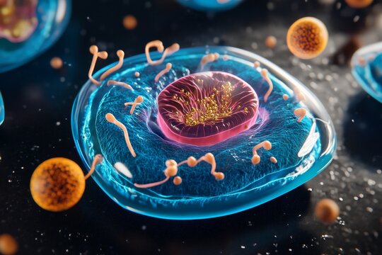Close view of a cell with its structures and surrounding elements in a laboratory setting, showing activity of various components
