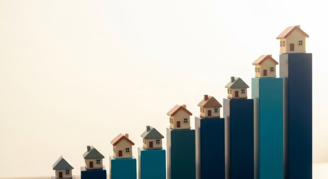 Miniature houses on rising bar graph columns symbolize real estate value growth and investment success