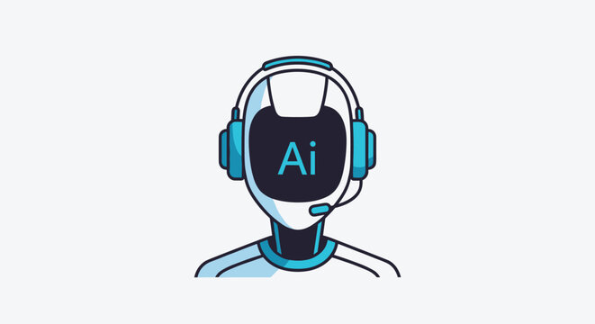 Modern illustration of an AI robot wearing a headset with a microphone representing virtual assistants and automated customer support.