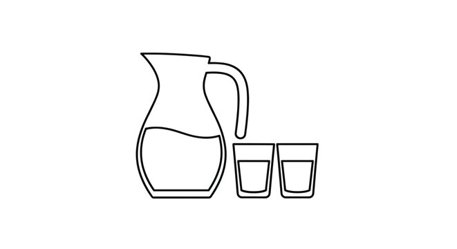 Simple line art illustration of a pitcher filled with water and two empty glasses for hydration and serving beverages in a kitchen.