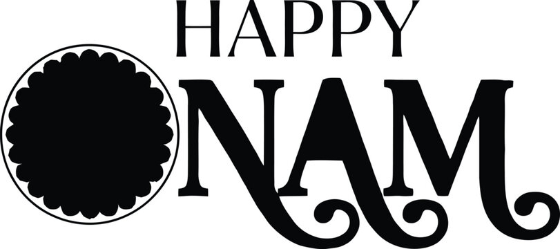 Happy Onam festival typography design with a decorative circular floral motif replacing the letter O for South Indian Kerala traditional cultural holiday greetings.