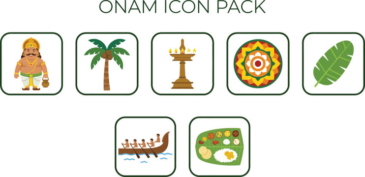 Traditional Indian Kerala festival Onam icon pack featuring King Mahabali coconut tree brass lamp beautiful floral pookalam banana leaf snake boat and sadhya feast.