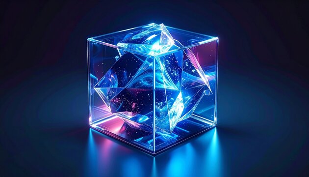 Transparent cubic container with glowing crystal formations, symbolizing science, art, technology, and geometric brilliance in modern visualization.