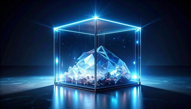 Transparent cubic container with glowing crystal formations, symbolizing science, art, technology, and geometric brilliance in modern visualization.