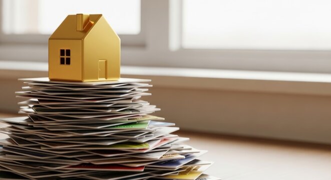 Golden house model on stack of credit cards symbolizing financial goals, home ownership, and banking