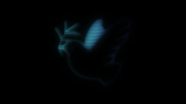 Blue Dove of Peace Symbol Particle Animation on Dark Background, Glowing Dot Grid Vertical Scanning Animation Motion Graphics Seamless Loop, 4K