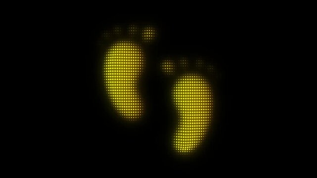 Golden Footprints Symbol Particle Animation on Dark Background, Glowing Dot Grid Vertical Scanning Animation Motion Graphics Seamless Loop, 4K