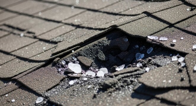 Hail damage on asphalt shingle roof, closeup showing broken surface and ice, insurance risk concept