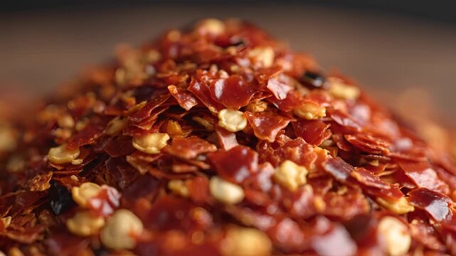 Closeup Macro Shot of Dried Red Chili Flakes Pile 1.