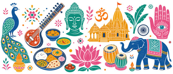 Obraz premium Vibrant Indian cultural symbols and motifs in a festive artistic collage