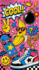 Fototapeta premium Retro 90s style illustration with a cool banana, skateboard, and sneakers