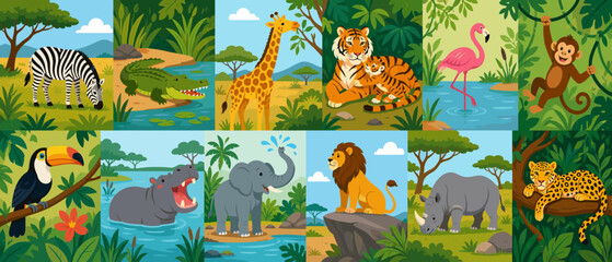 Obraz premium Collection of diverse African animals in their natural habitat illustrations