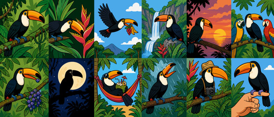 Fototapeta premium Vibrant toucans in diverse tropical jungle scenes and activities
