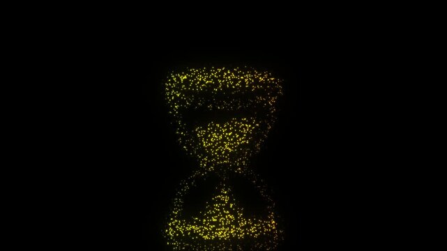 Golden Hourglass Symbol Particle Animation on Dark Background, Glowing Dot Grid Firework Burst Animation Motion Graphics Seamless Loop, 4K