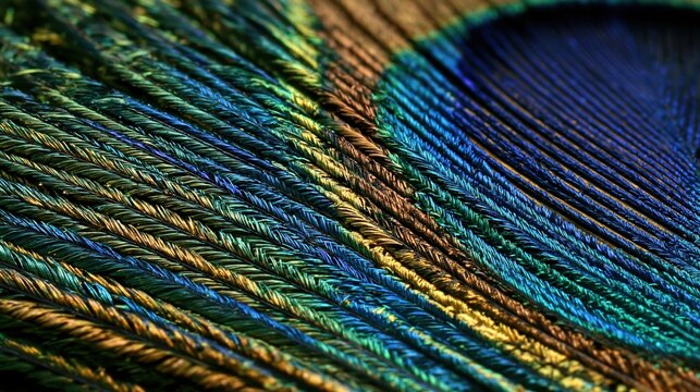 Iridescent peacock feather details with intricate patterns